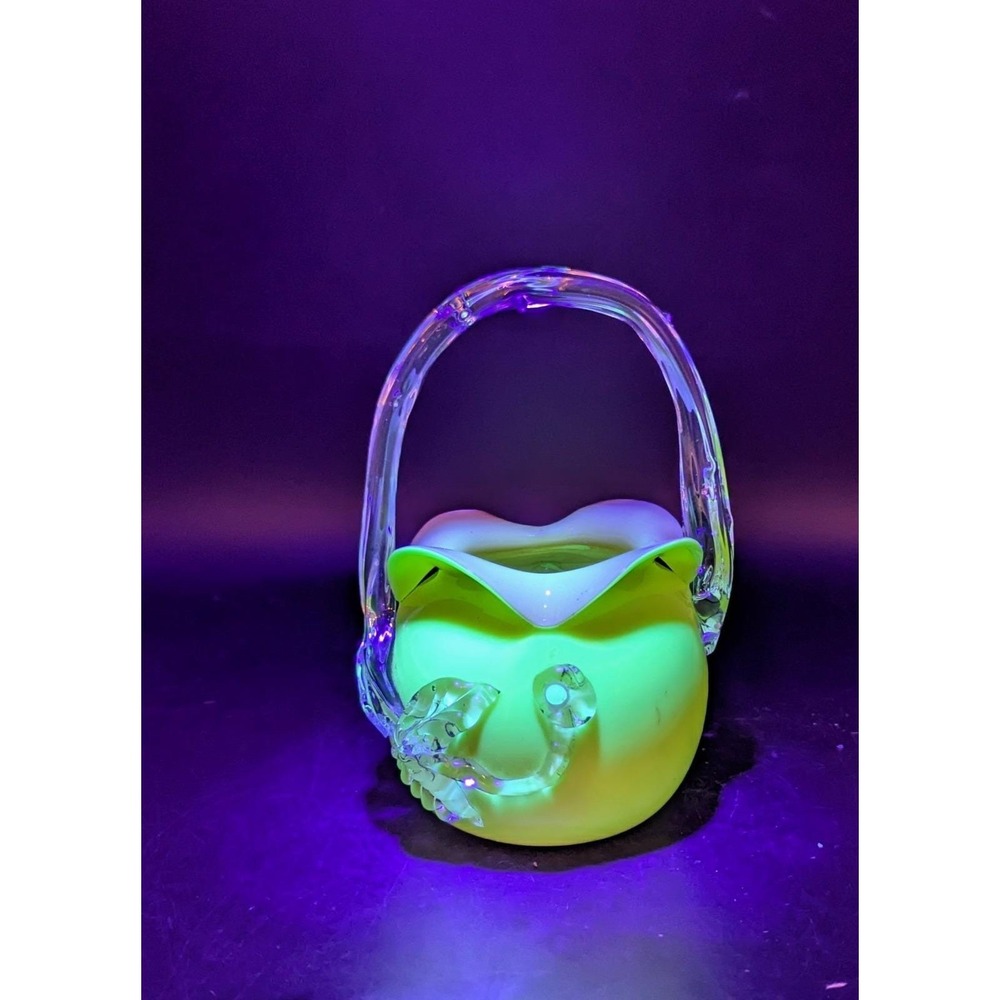 Antique Bohemian Harrach Uranium Custard Glass Basket Applied Flowers 6"